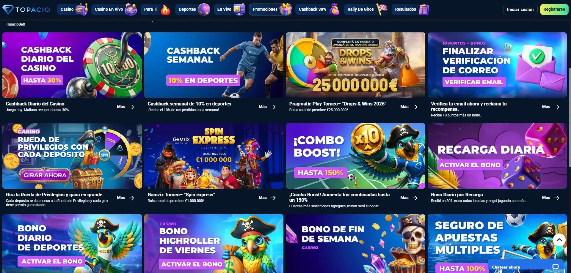 Topacio Casino bono de bienvenida 150000 ARS m&aacute;s 50 giros gratis